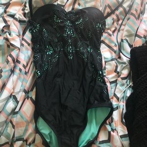 Black and Turquoise One Piece Swimsuit